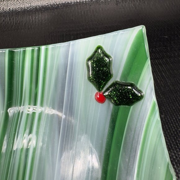 Vintage Fused Art Glass Square Dish Plate White Green Swirl Festive Holiday VTG - Picture 2 of 12